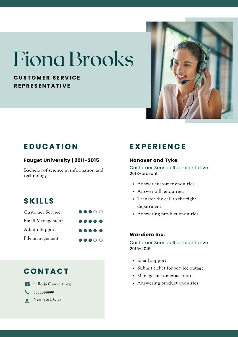 Customer Service Representative Resume