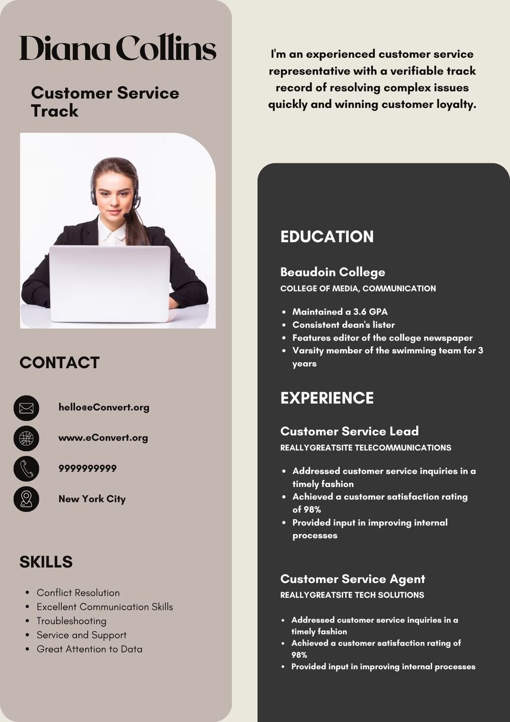 Customer Service Track Resume