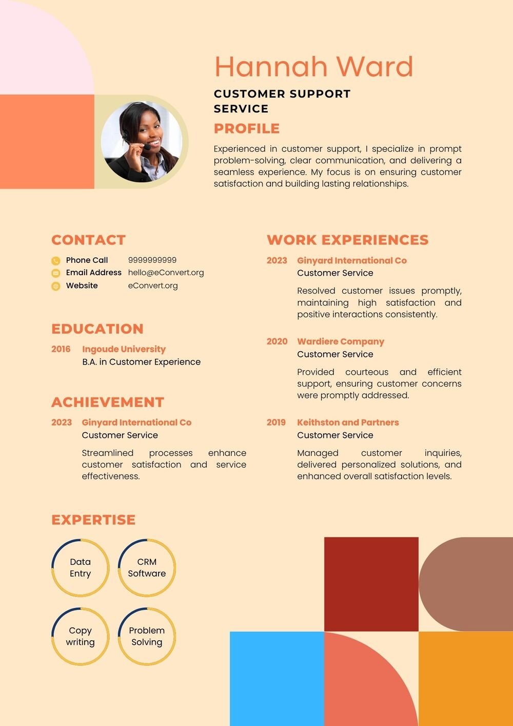 Customer Support Service Resume