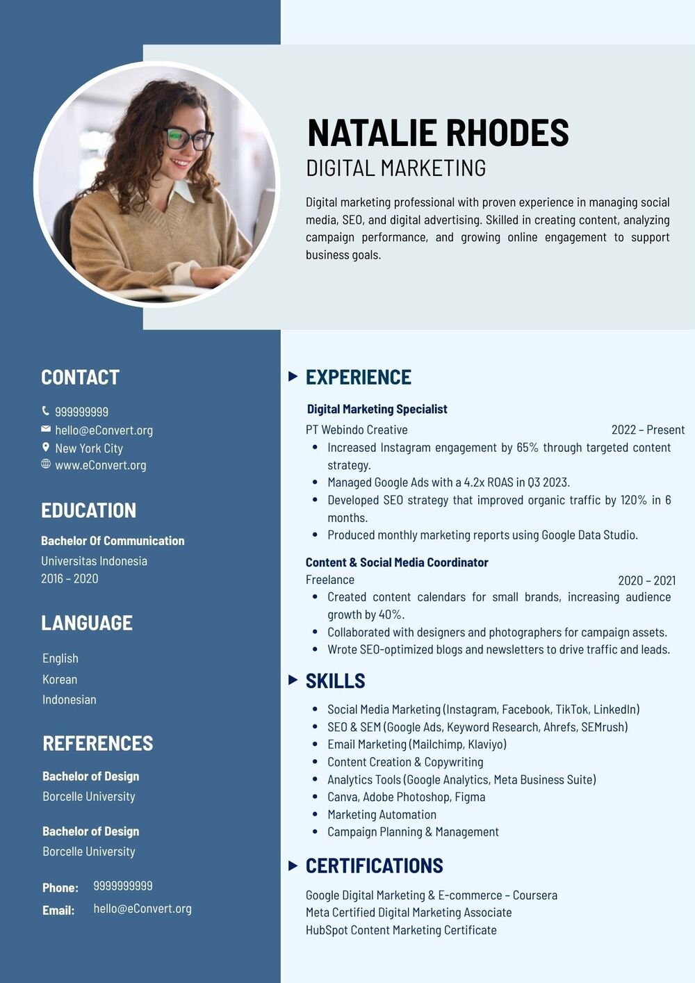 Digital Marketing Resume For Girl