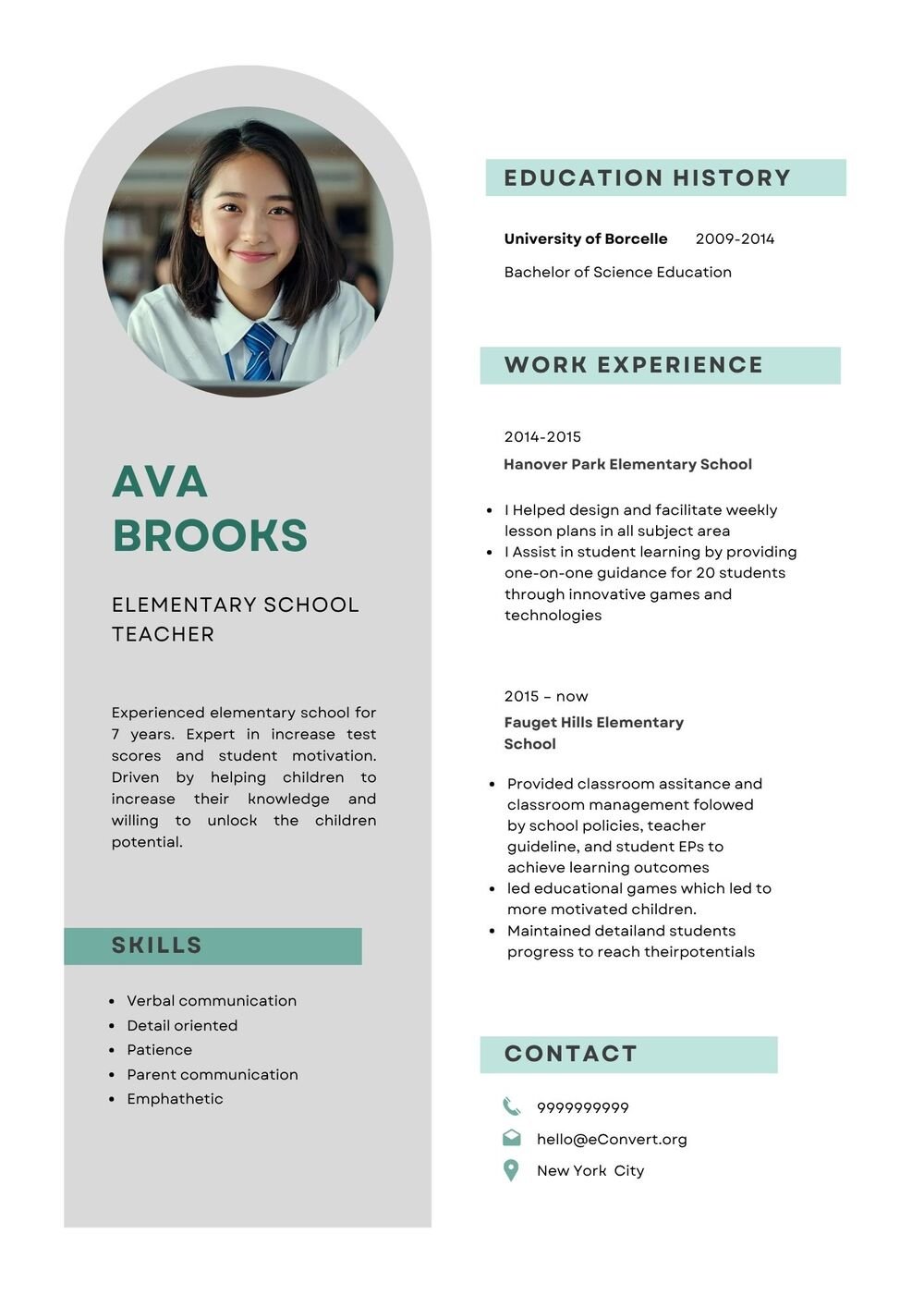 Elementary School Teacher Resume