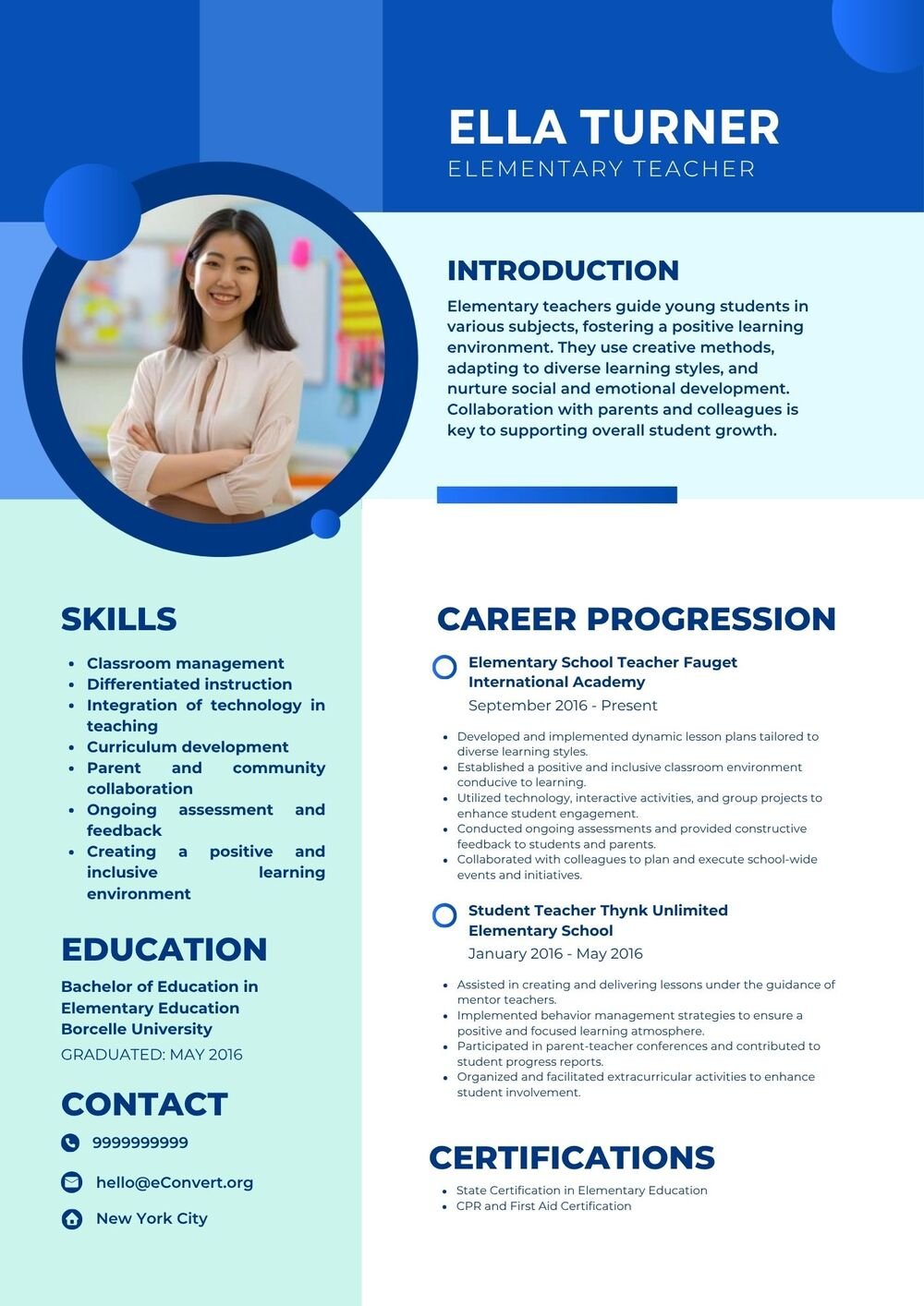 Elementary Teacher Resume