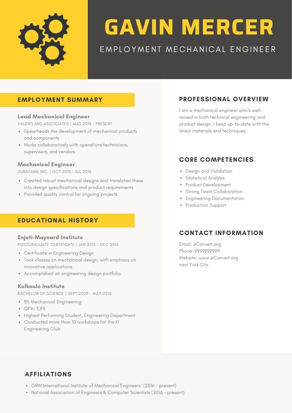 Employment Mechanical Engineer Resume