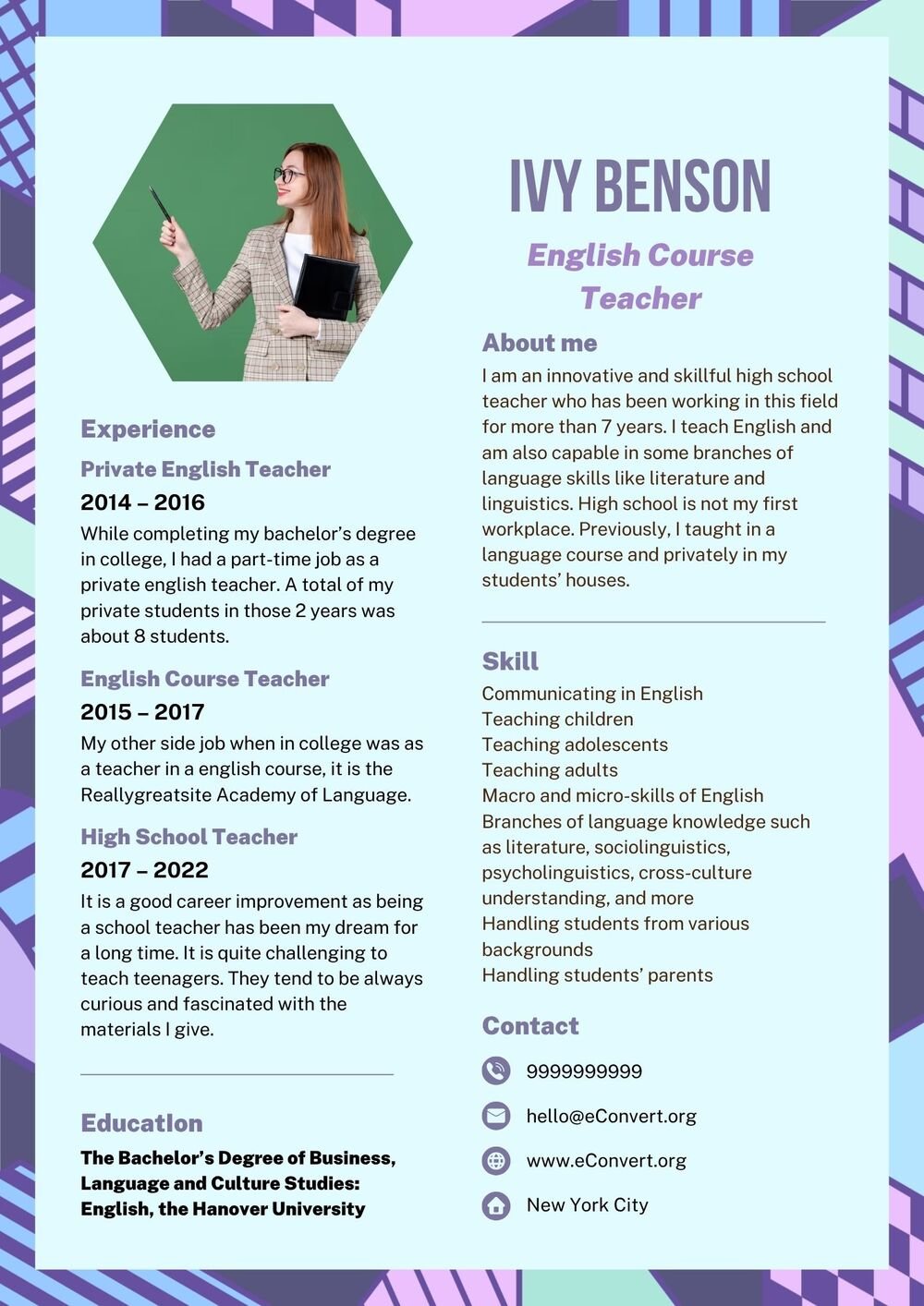 English Course Teacher Resume