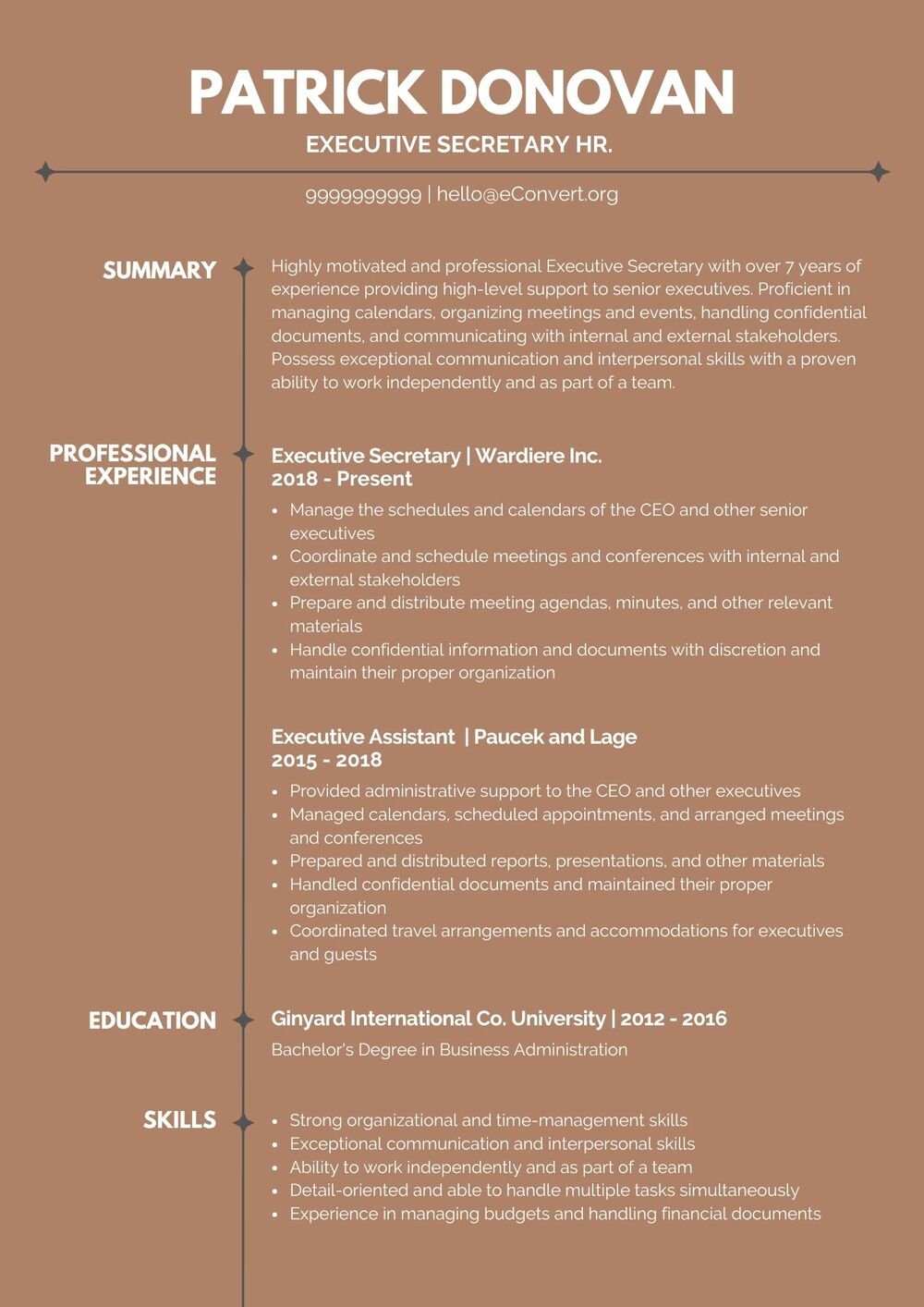 Executive Secretary hr. Resume