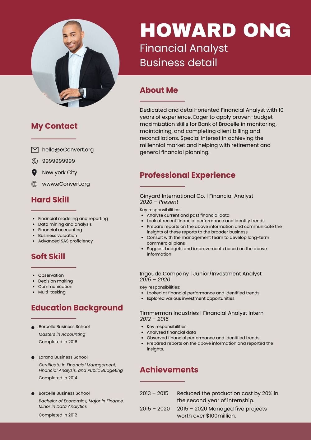 Financial Analyst Business Detail Resume