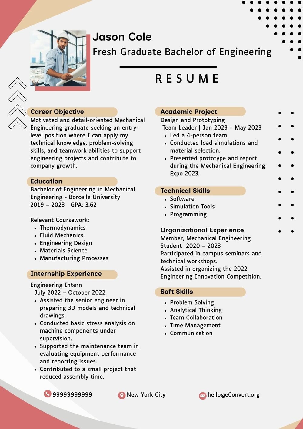 Fresh Graduate Bachelor of Engineering Resume