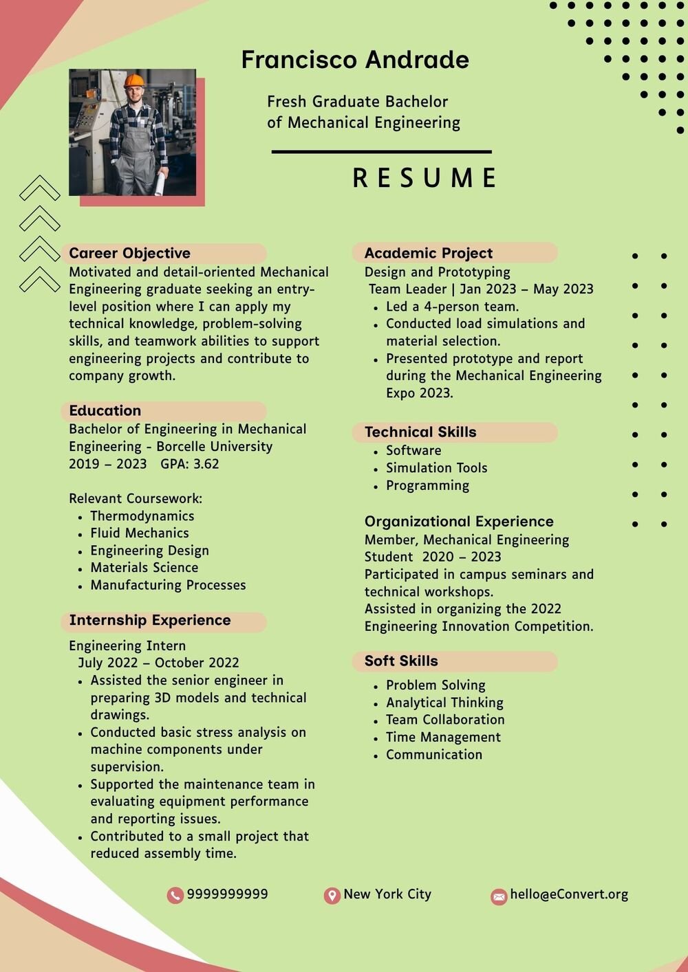 Fresh Graduate Bachelor of Mechanical Engineering Resume