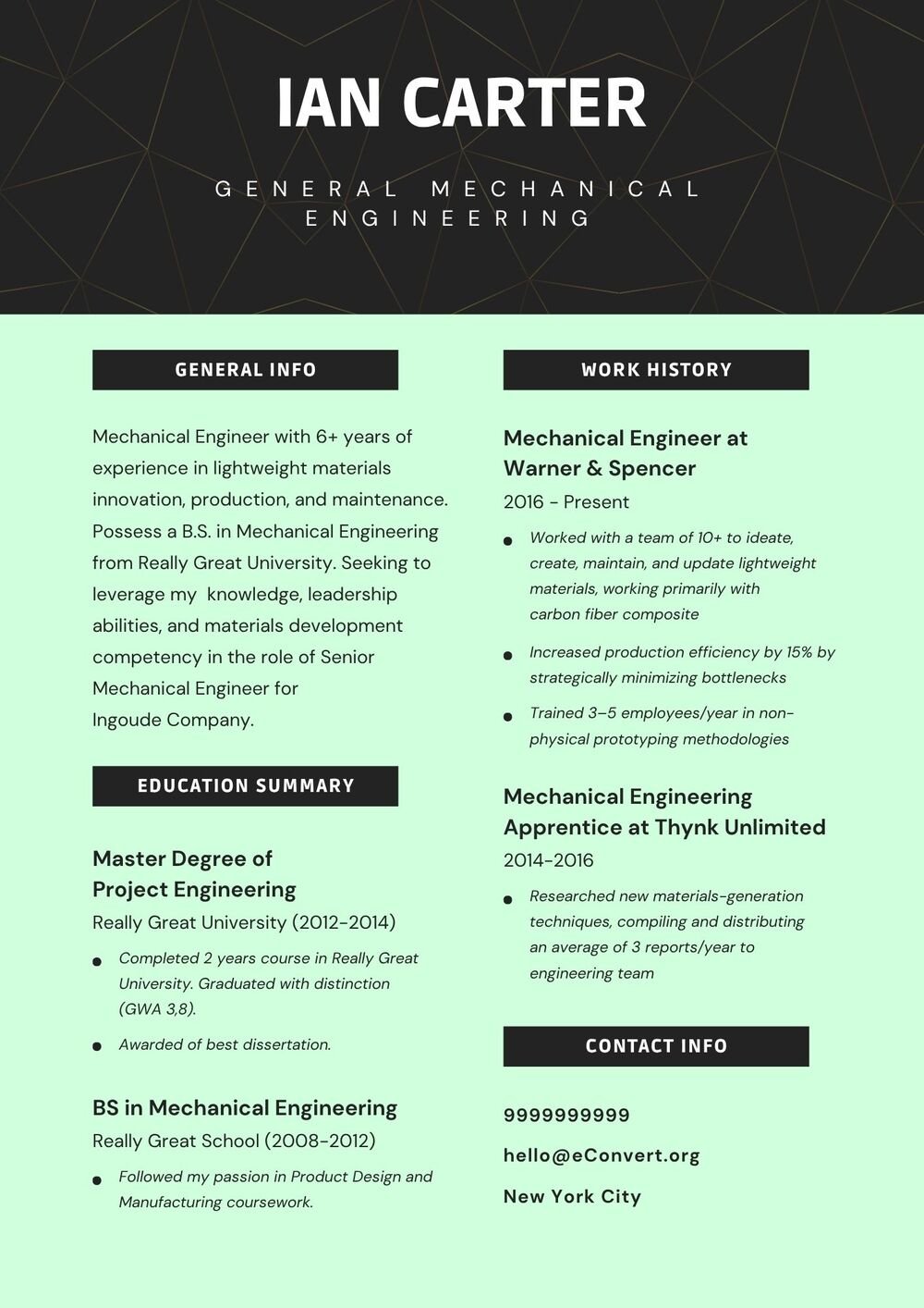 General Mechanical Engineering Resume