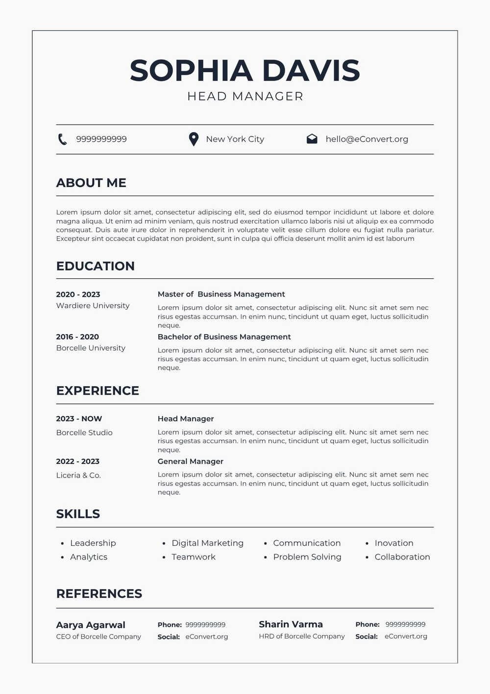 Head Manager Resume