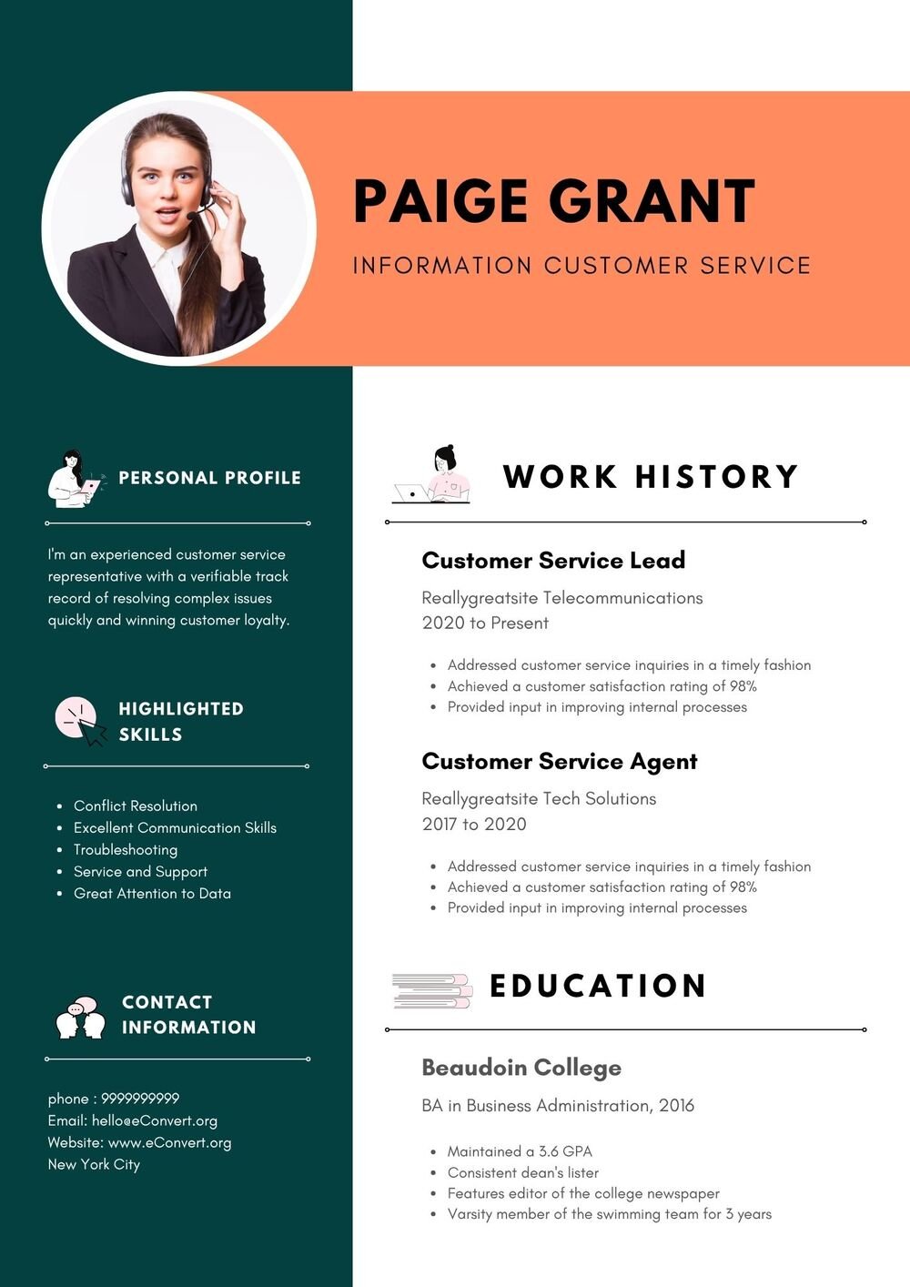 Information Customer Service Resume