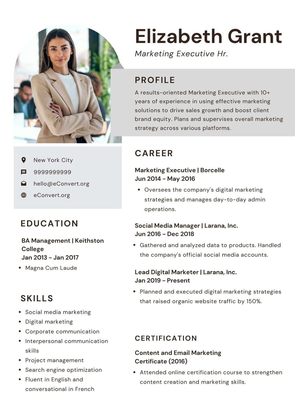 Marketing Executive Hr. Resume