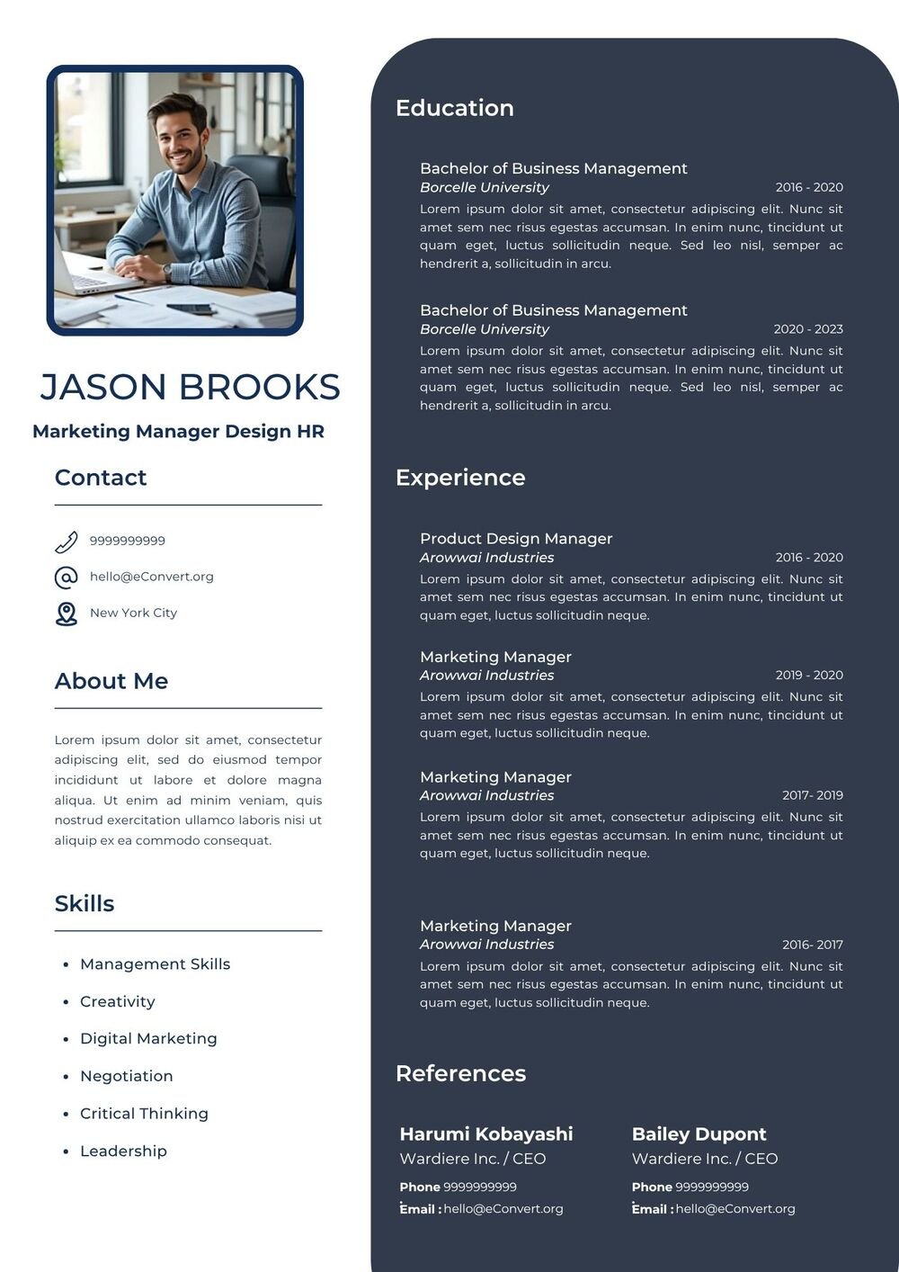 Marketing Manager Design HR Resume