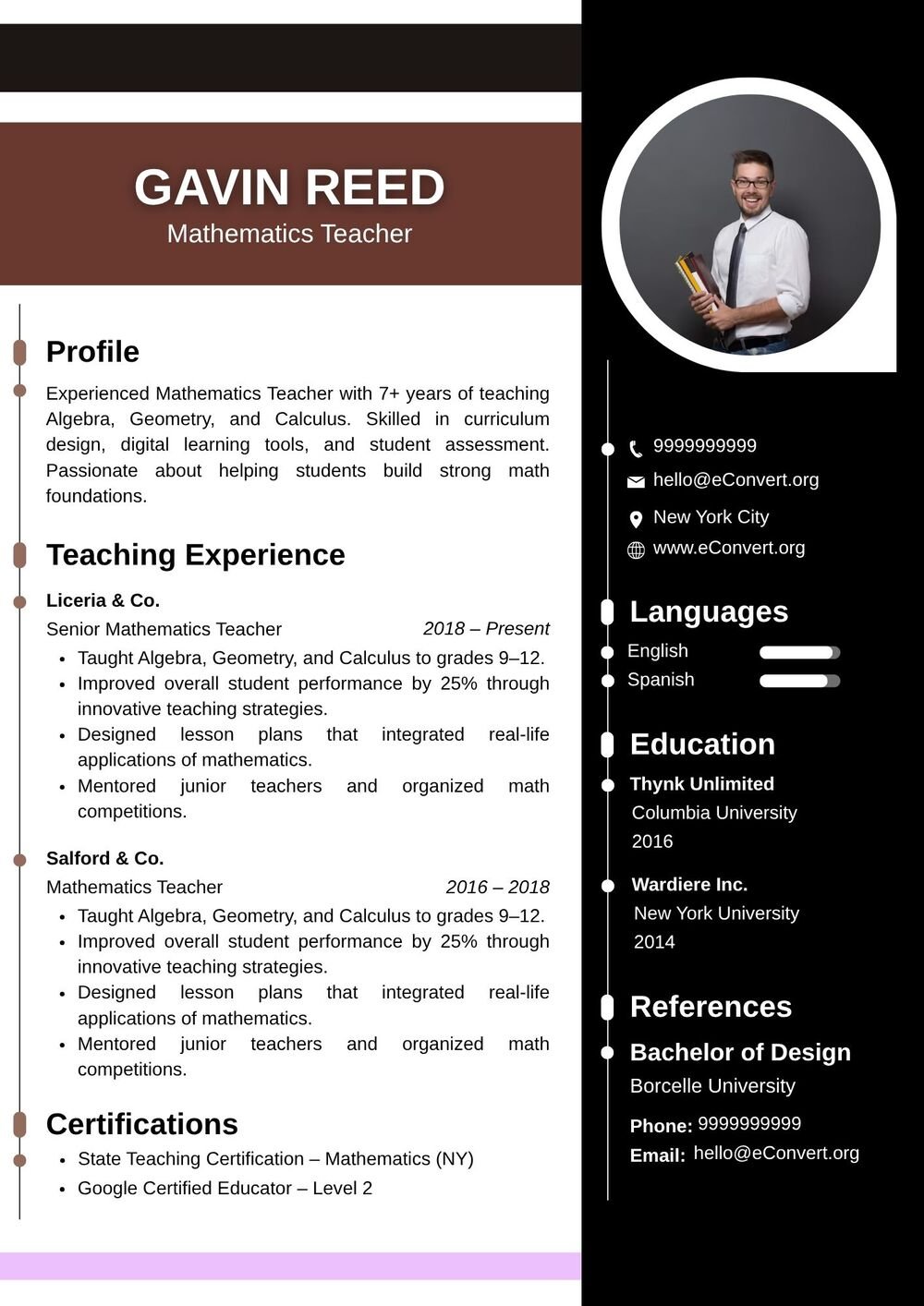 Mathematics Teacher Resume