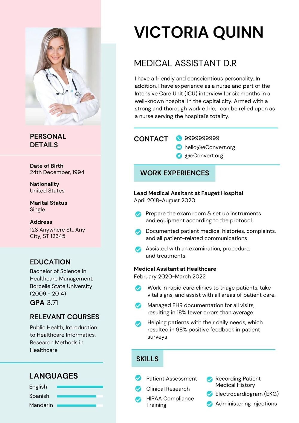 Medical Assistant D.R Resume