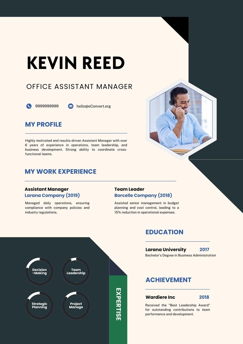 Office Assistant Manager Resume