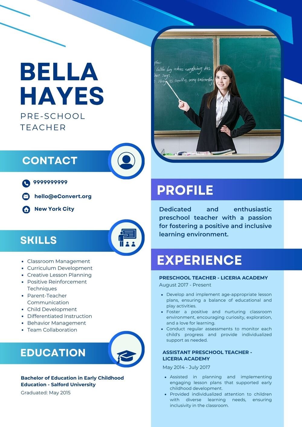 Pre School Teacher Resume