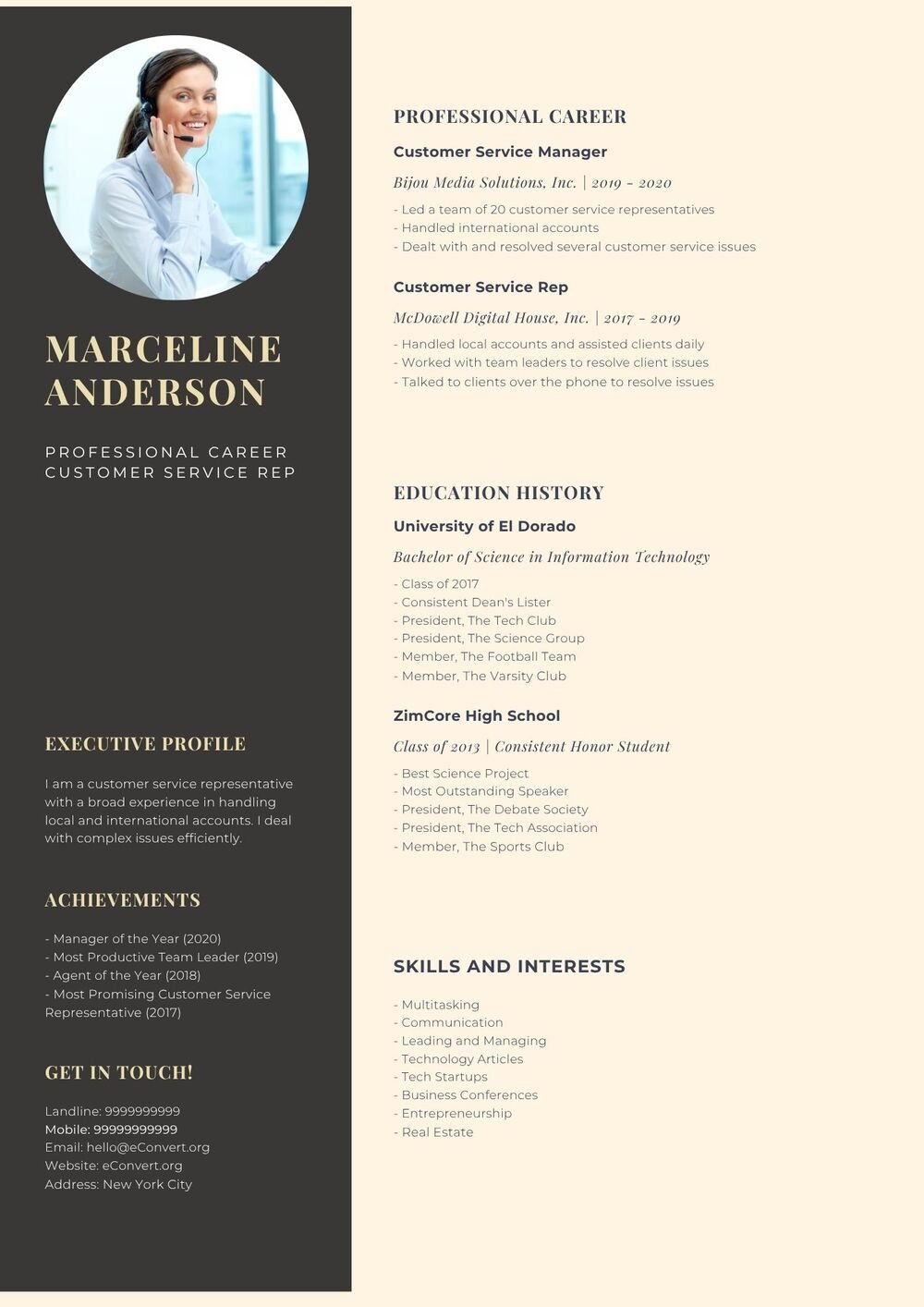 Professional Career Customer Service Rep Resume