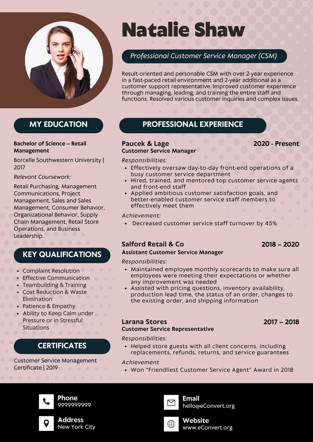 Professional Customer Service Manager (CSM) Resume