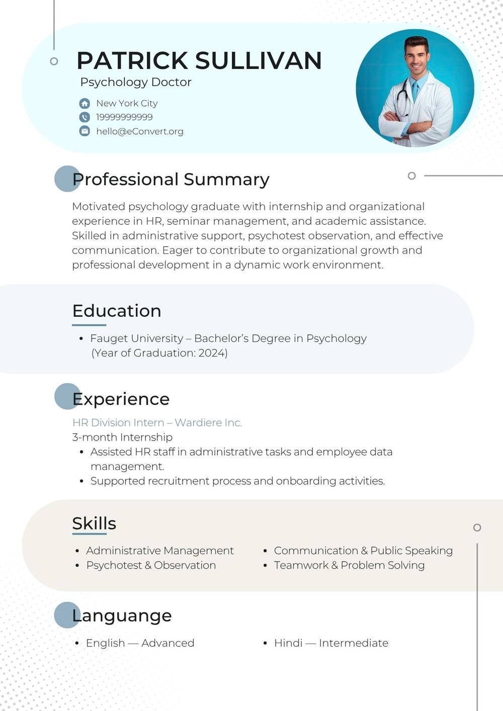 Psychology Doctor Resume