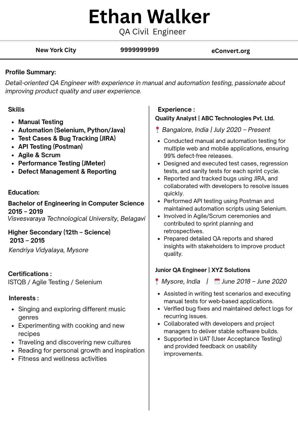 QA Civil Engineer Resume