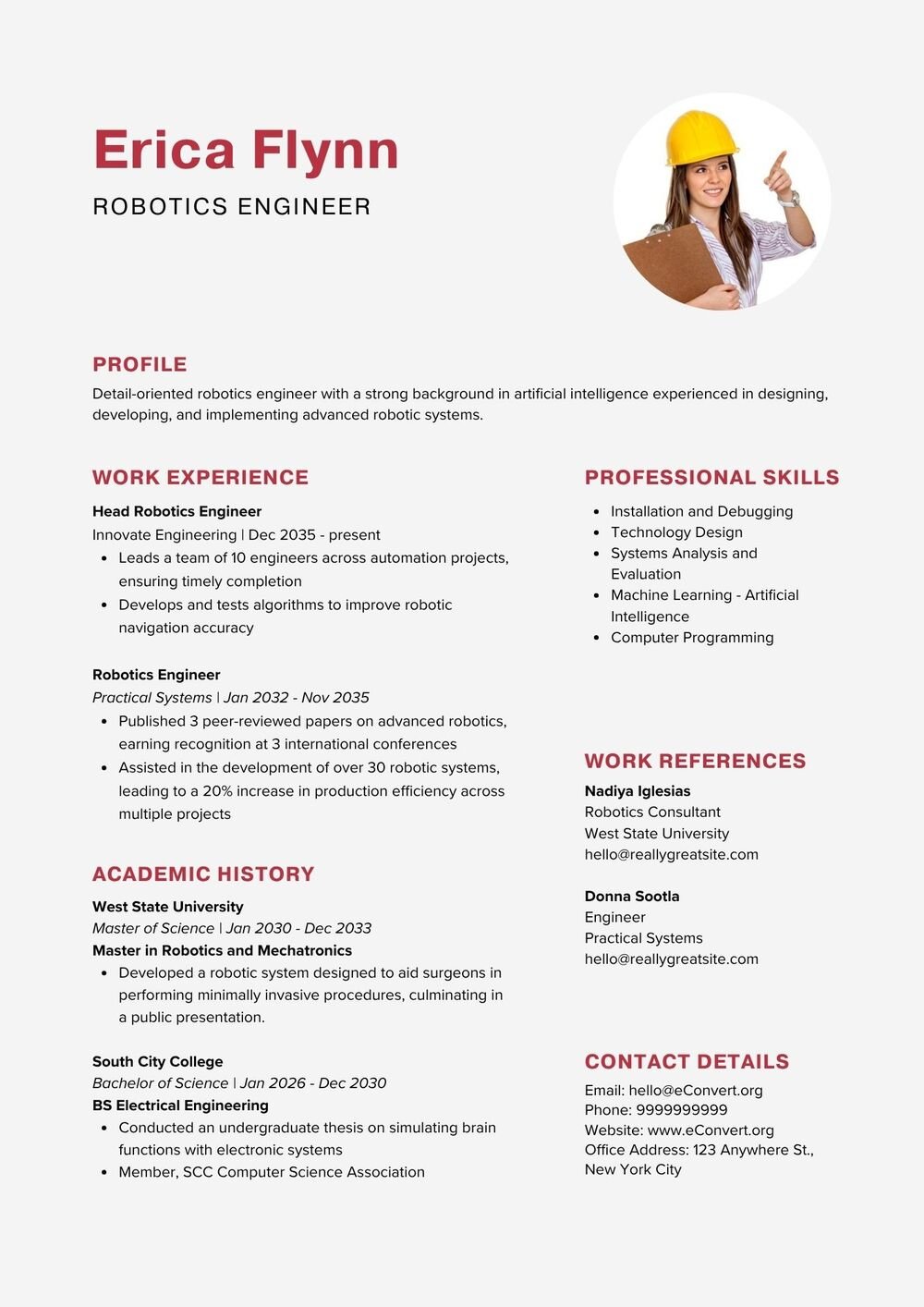 Robotics Engineer Resume