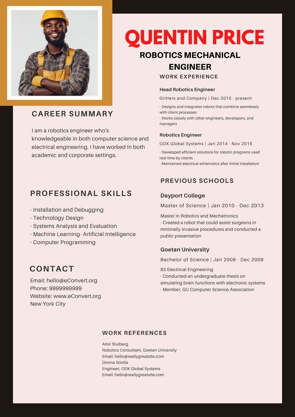 Robotics Mechanical Engineer Resume