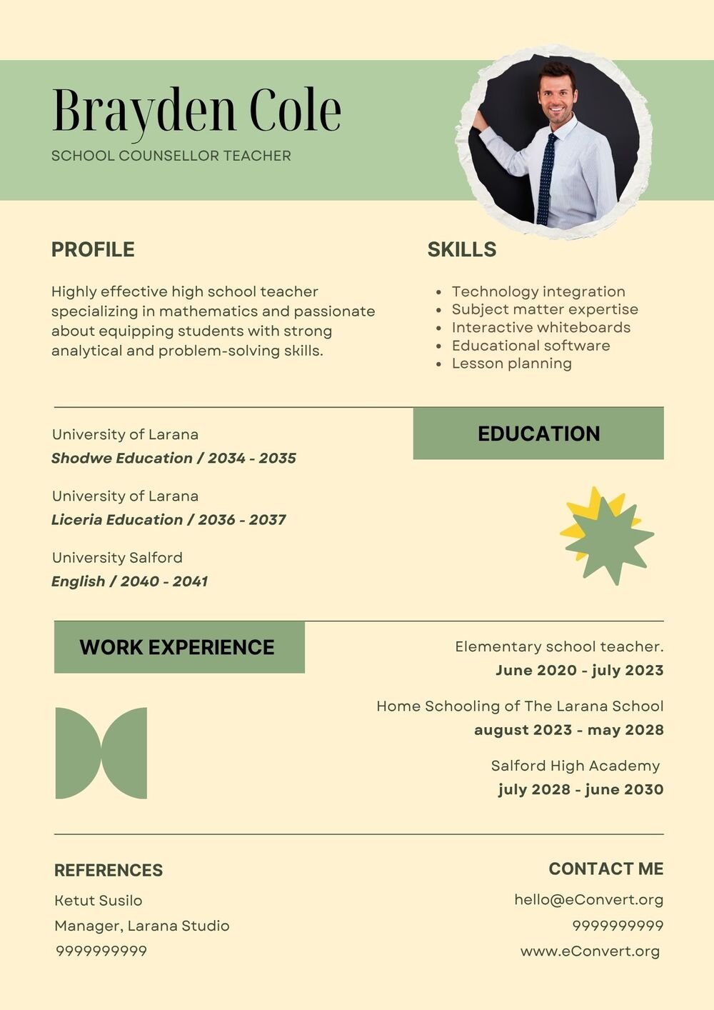 School counsellor teacher Resume