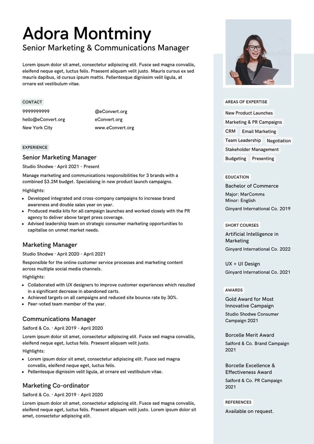 Senior Marketing & Communications Manager Resume