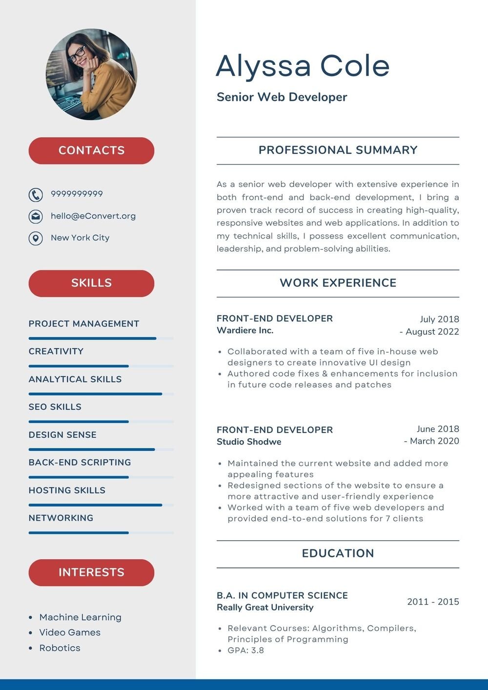 Senior Web Developer Resume