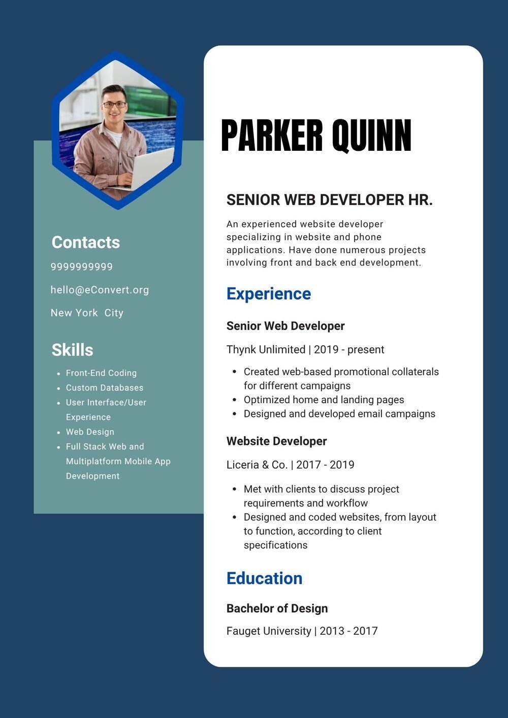 Senior Web Developer hr. Resume