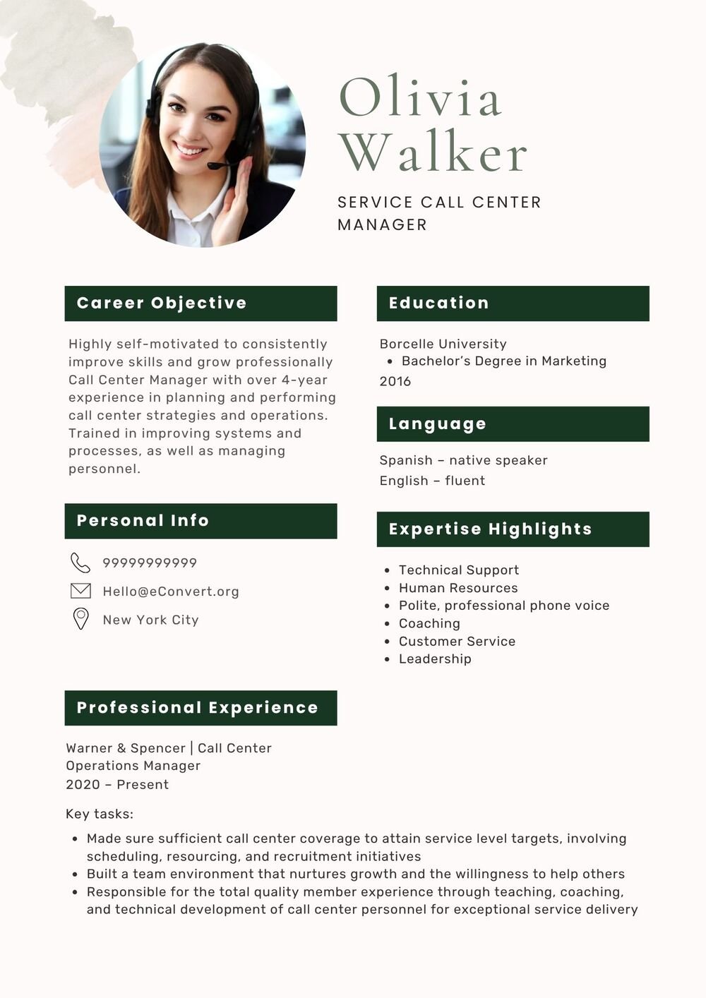 Service Call Center Manager Resume