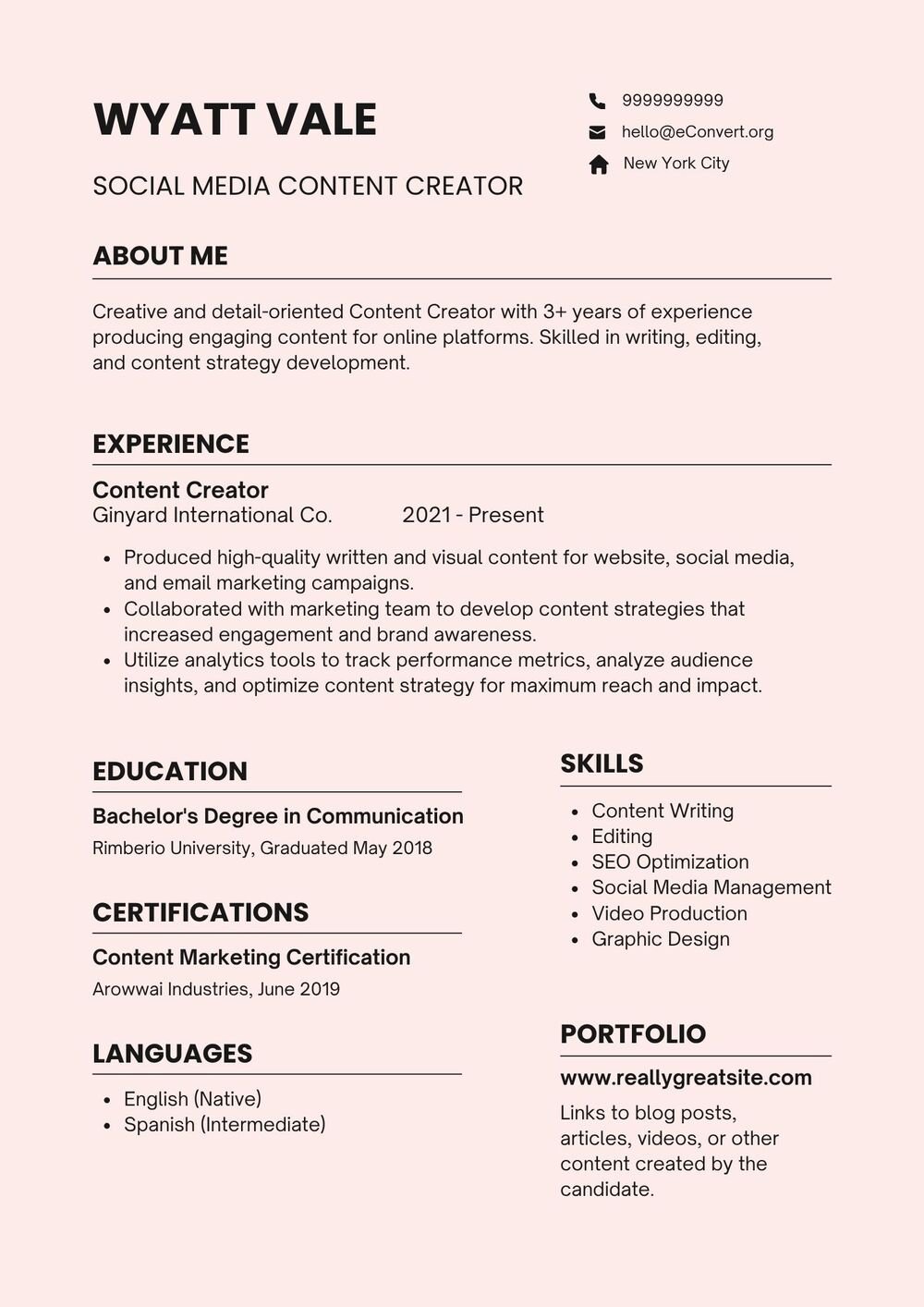 Social Media Content Creator Resume