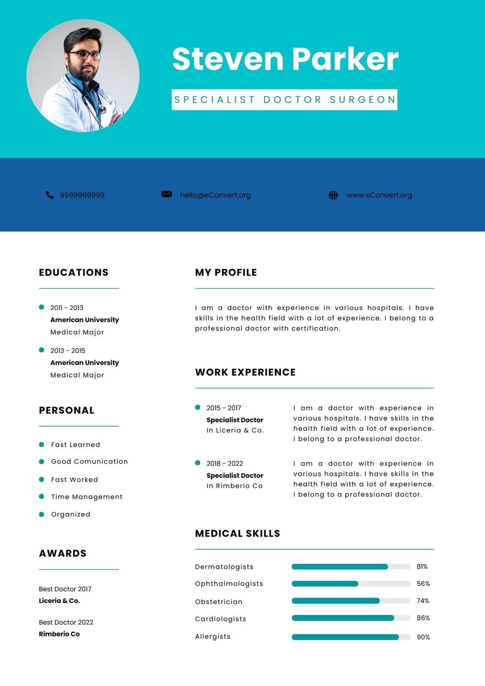 Specialist Doctor Surgeon Resume