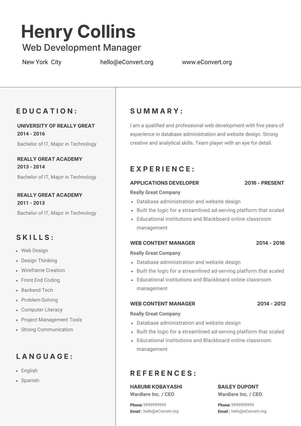 Web Development Manager Resume