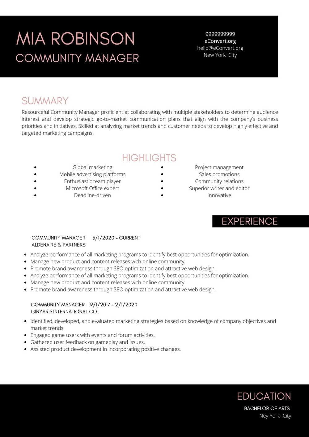 community manager Resume