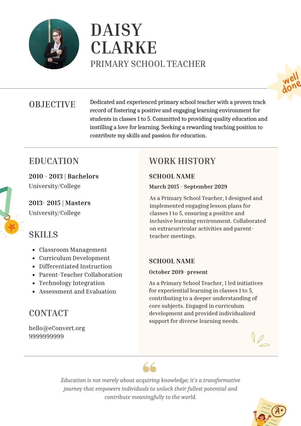 primary school teacher Resume