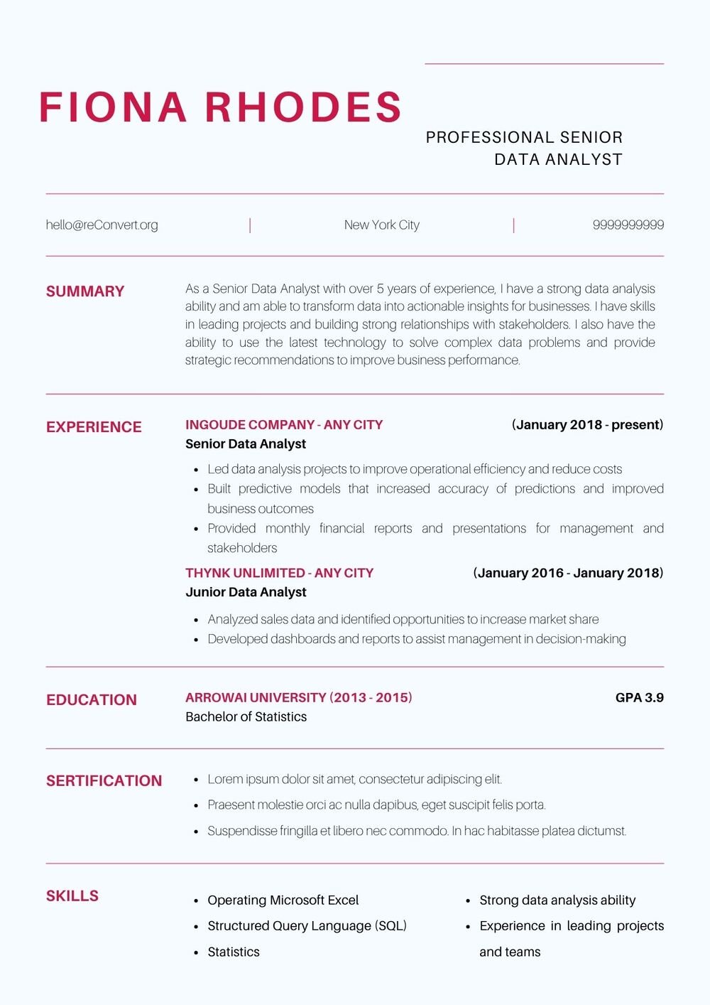professional Senior Data Analyst Resume