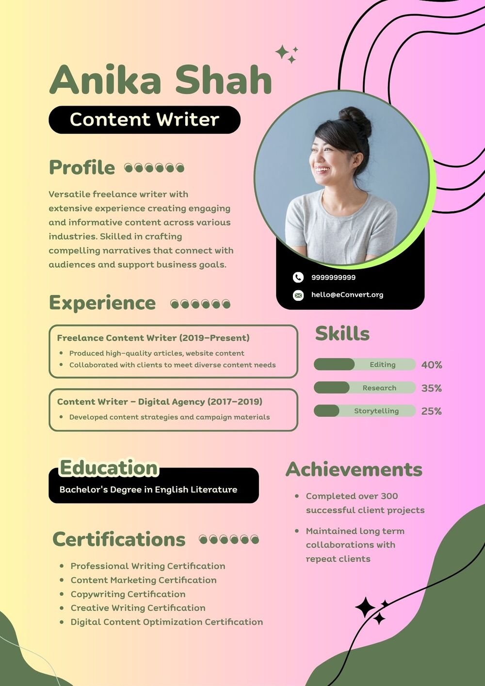 Resume Templates for Content Writers