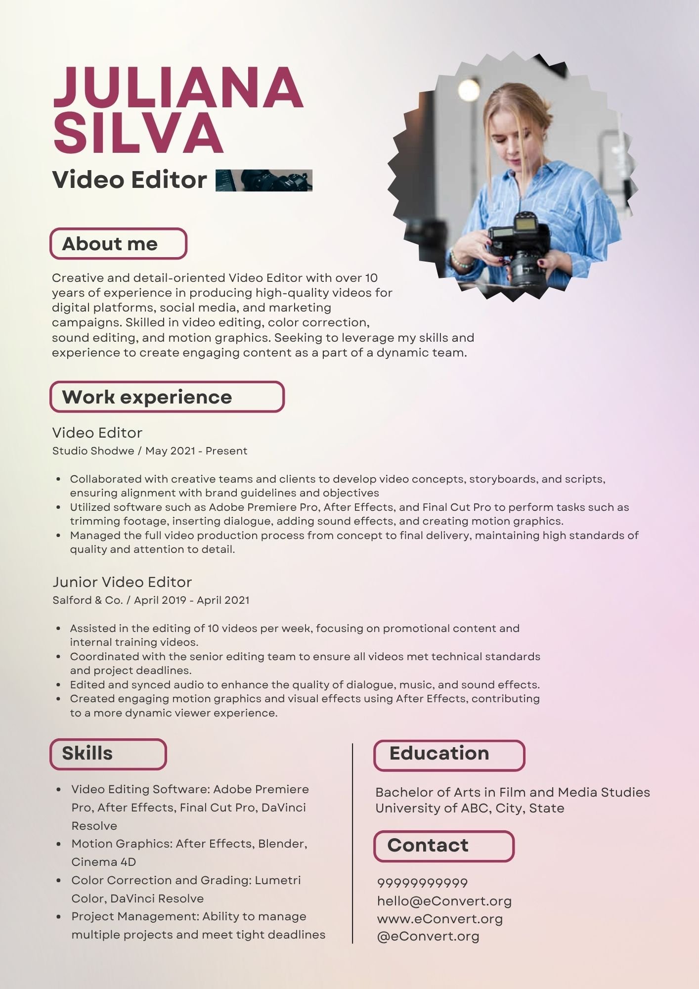 Resume Templates for Video Editors